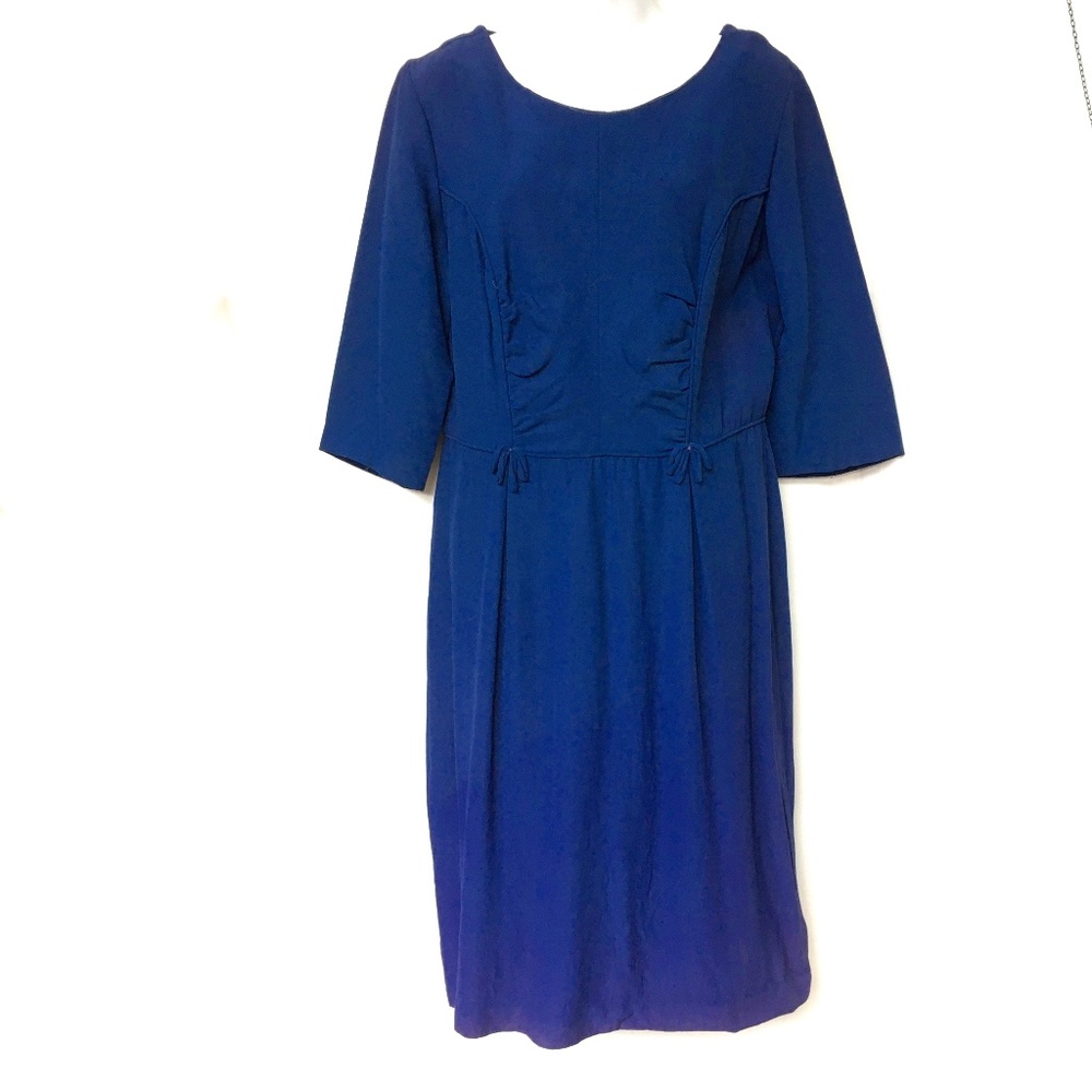 Dress La Belle Vintage 50s 60s Blue Gathered Bodice Waist Detail 3/4 Sleeve